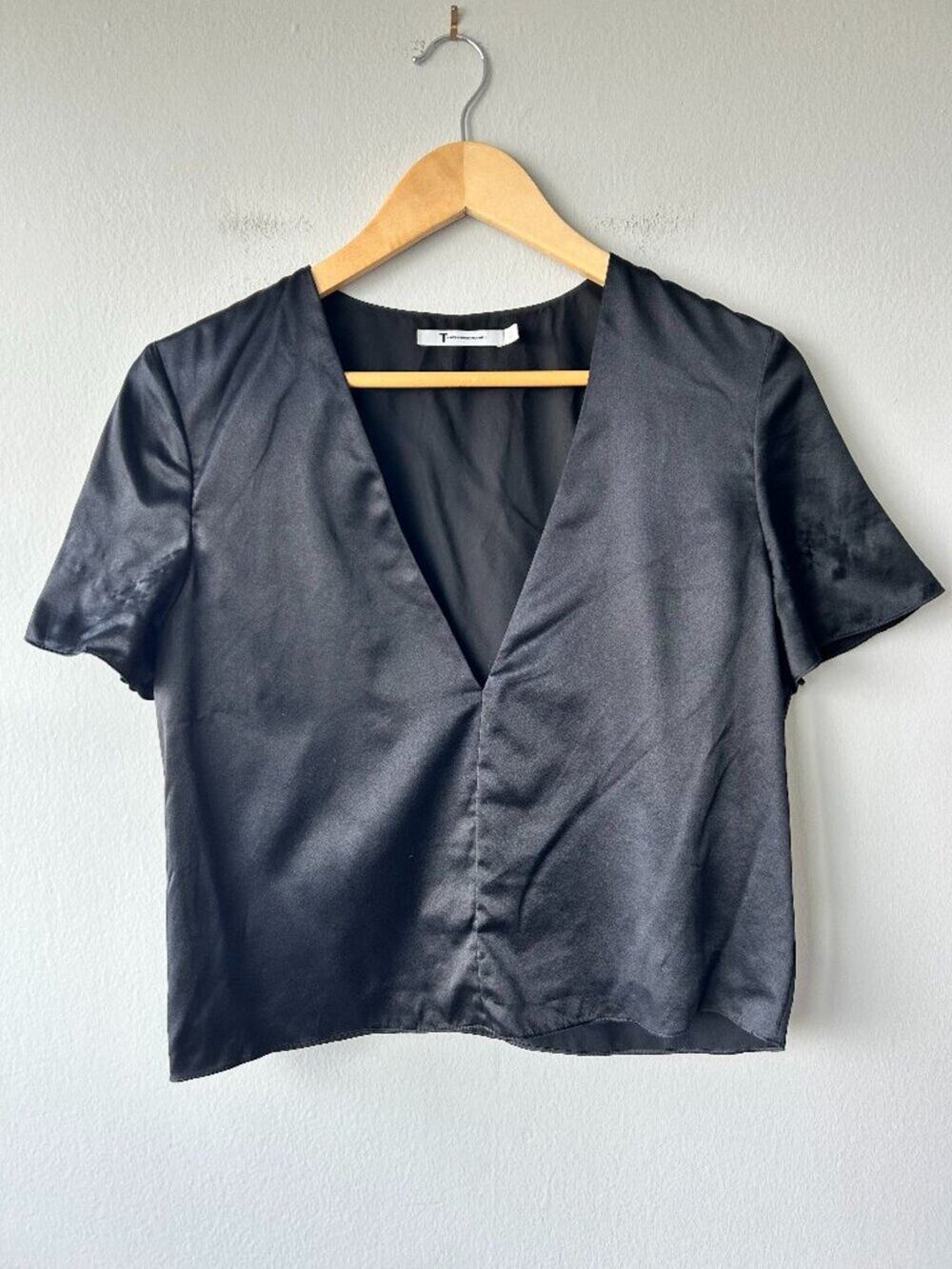 T by Alexander Wang Silk V-Neck Short Sleeve Blouse Black Size 2